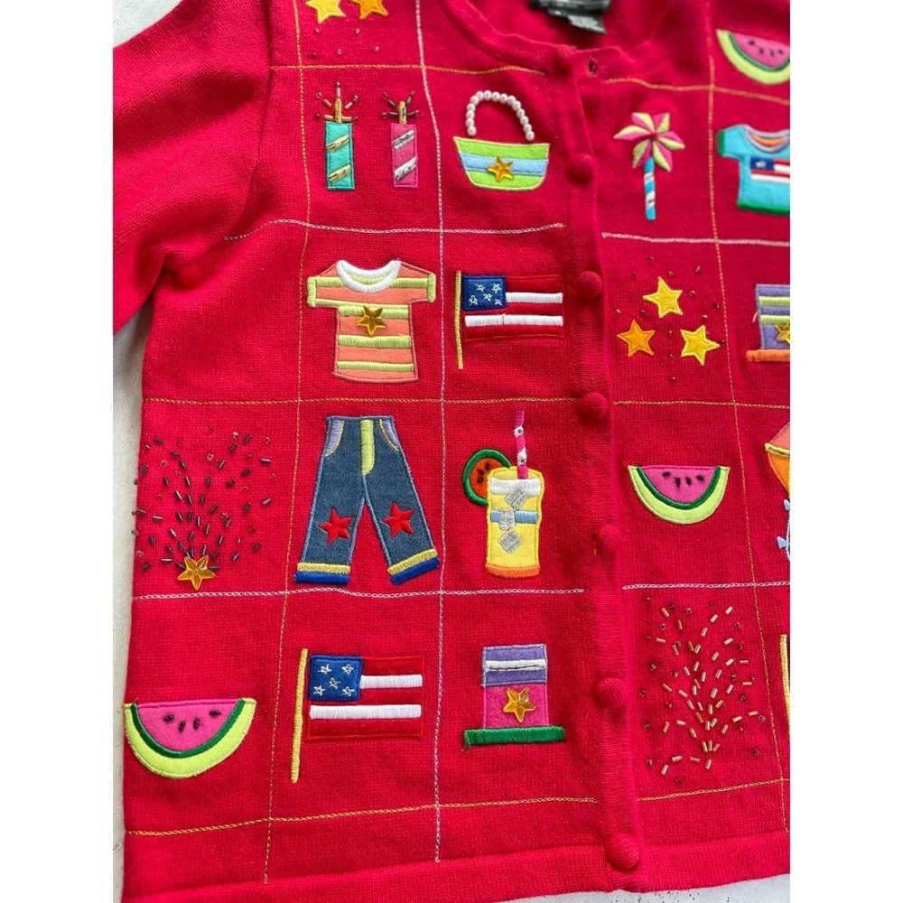Vintage Berek Red Knit Embroidered Fourth of July Summer Patriotic Cardigan S